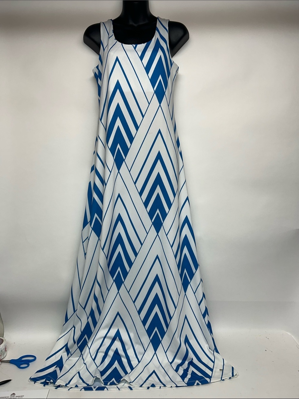 Rialbanni Blue & White Geometric Dress beach flower cut out back NWT med maxi